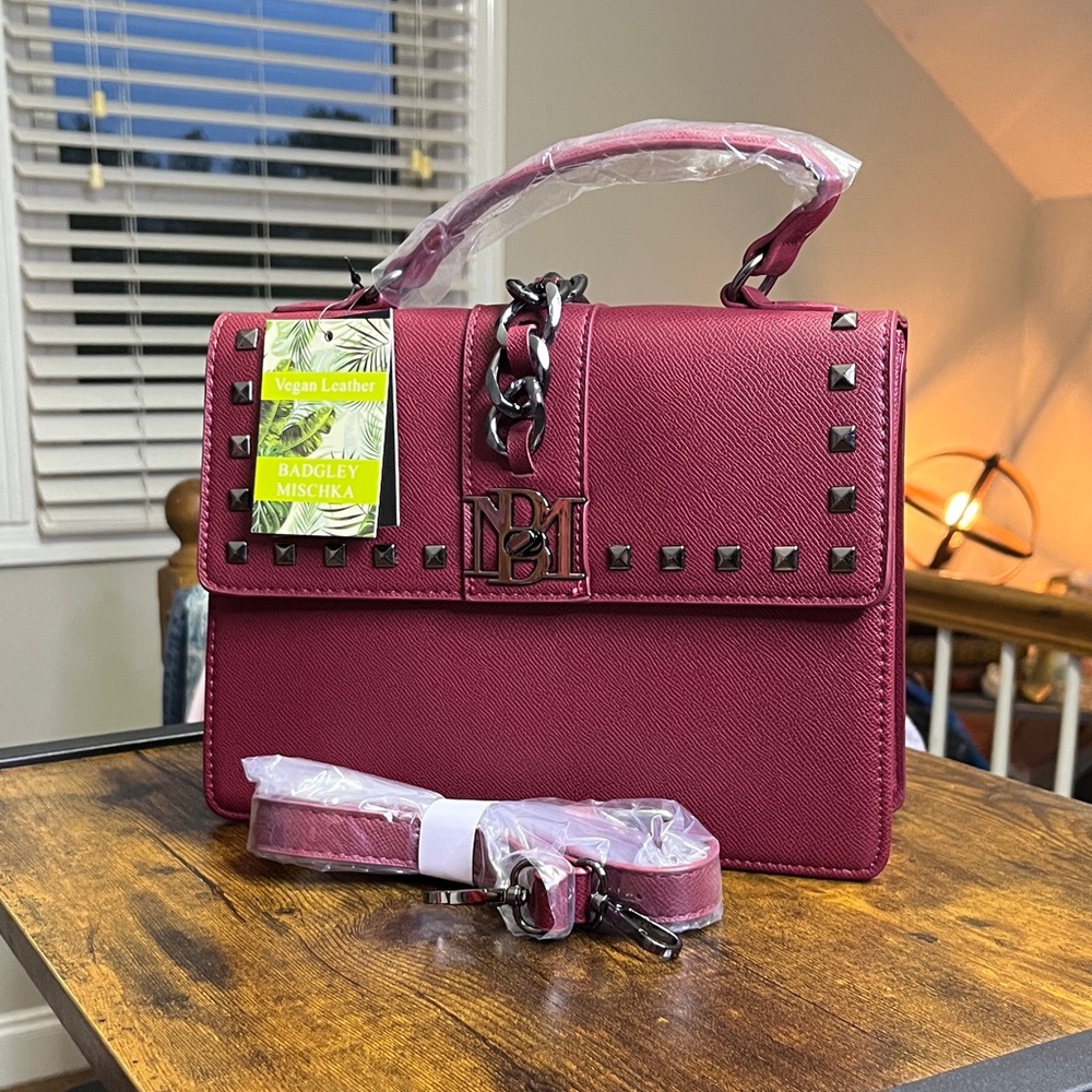 Badgley Mischka Wine Red Vegan Leather Top-Handle Satchel with Studs